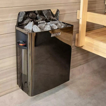 Harvia The Wall 6/8kW 240V Black Steel Electric Heater Package w/ Built-In Knob Controls and Stones  8kW (for 176 - 425 ft³ Saunas)